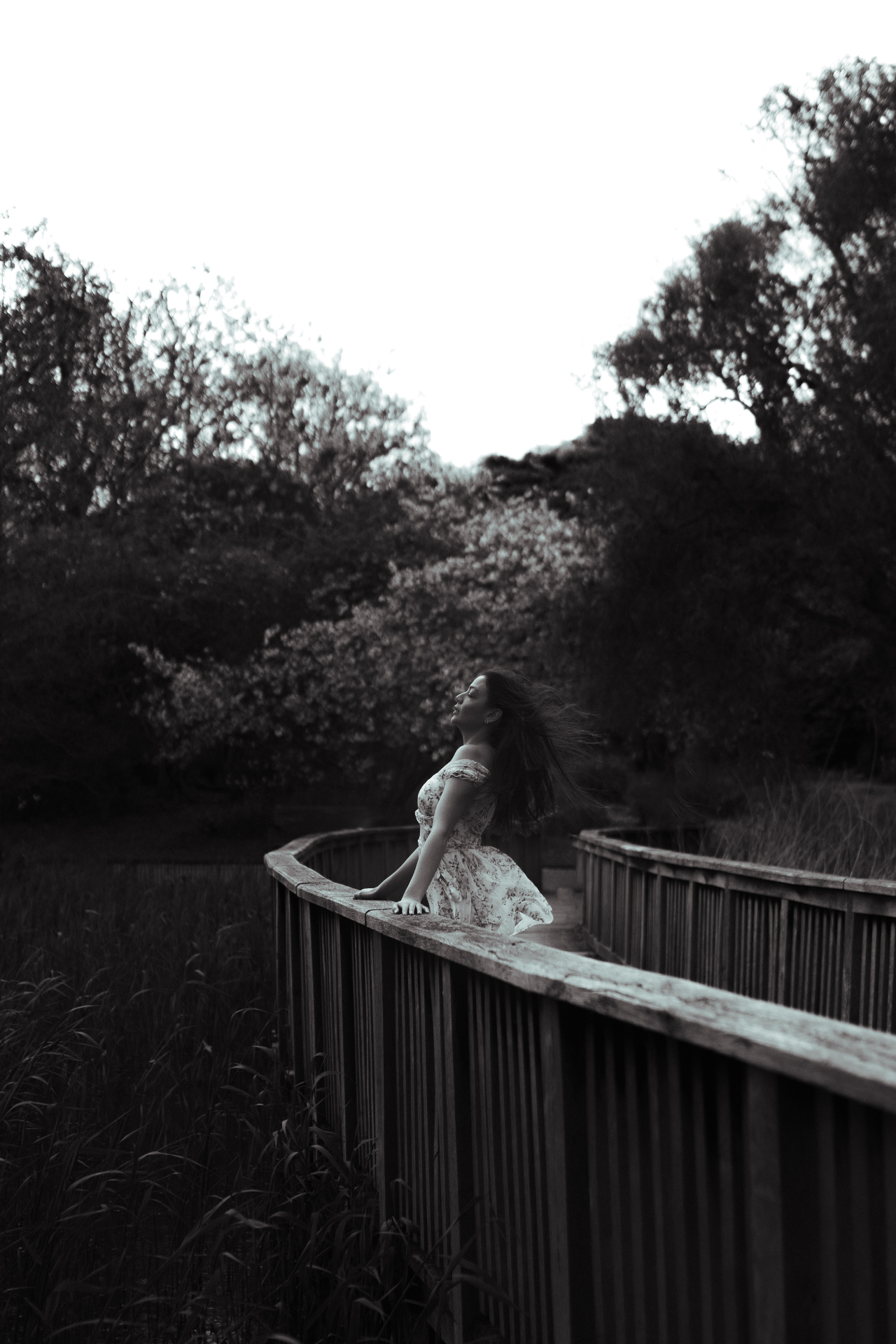 A woman in a soft summer dress leaning against a curved wooden bridge at dusk, hair lifted by the wind